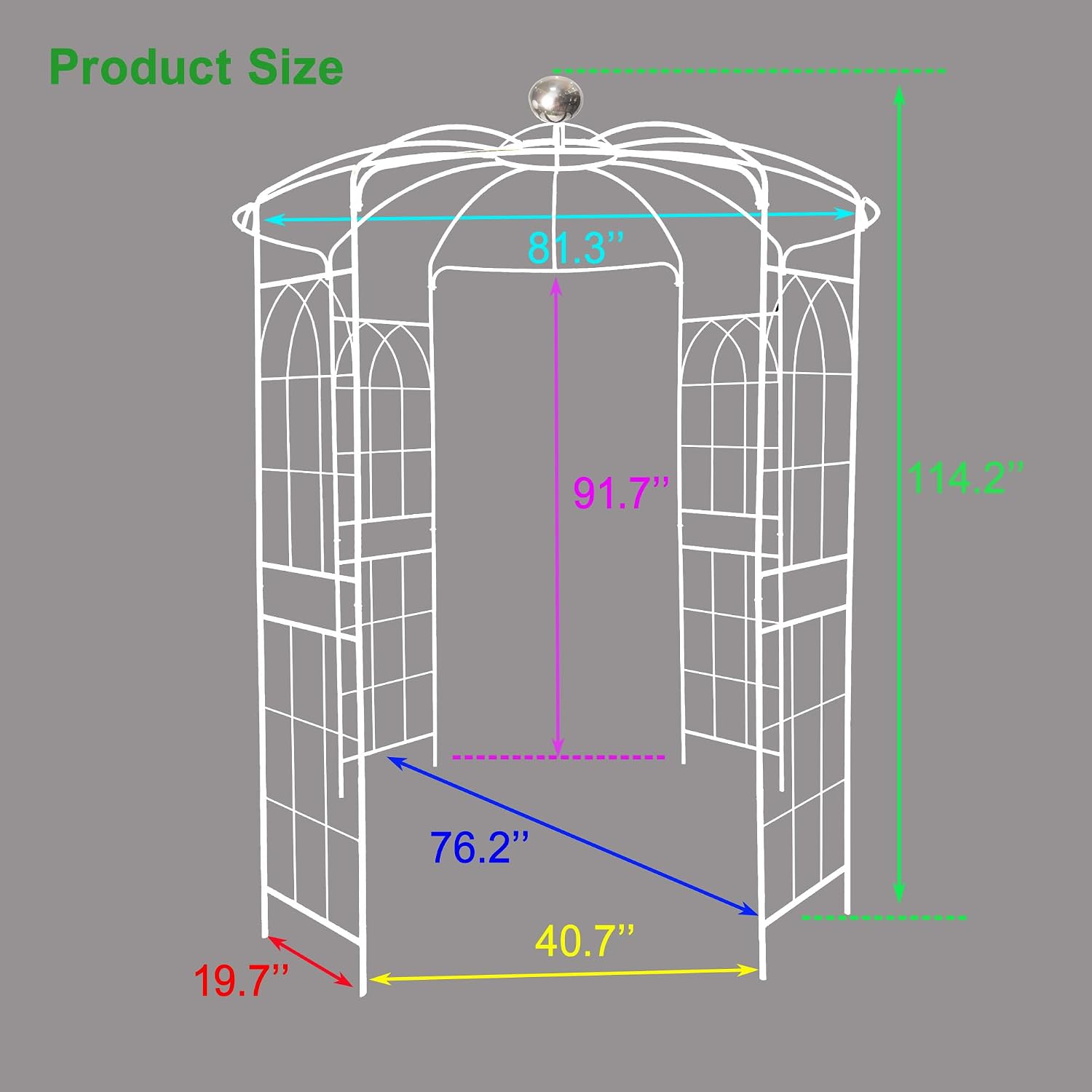Metal Outdoor Garden Arch Iron Arbors Gazebo with Powder Coating Surface Treatment,High Birdcage Shape Pergola Pavilion,W/Screws,for Wedding Ceremony,Yard,White,81.3'x 114.2'