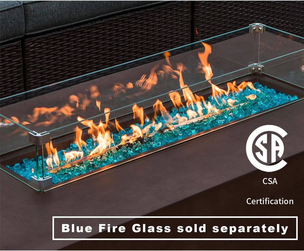 COSIEST Outdoor Propane Fire Pit Table 56' x 28' Rectangle Bronze Compact Concrete-Like Finish, Certified, 50,000 BTU,Wind Guard, Tank Outside, Free Lava Rocks, Fits 20lb Tank Outside, Raincover