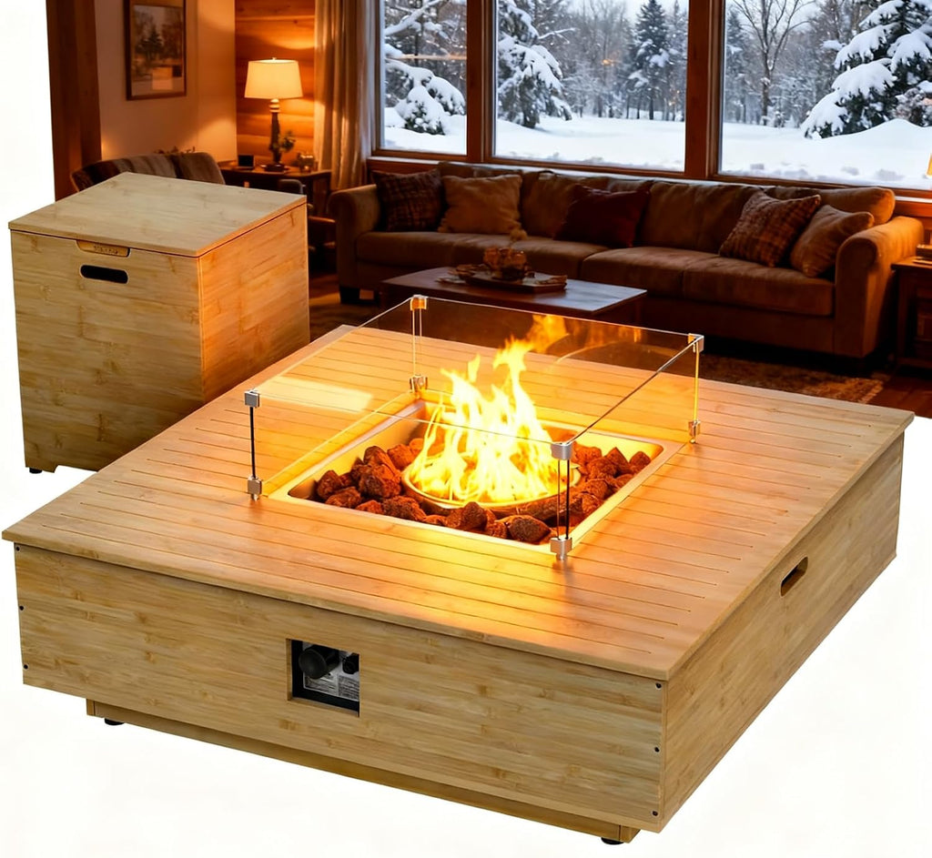 43' Gas Fire Pit Table with Propane Tank Cover Table Wood Grain Design Square Includes Lava Rocks and Weatherproof Cover for Outdoor Patios Parties Garden 50,000 BTUs CSA Certified