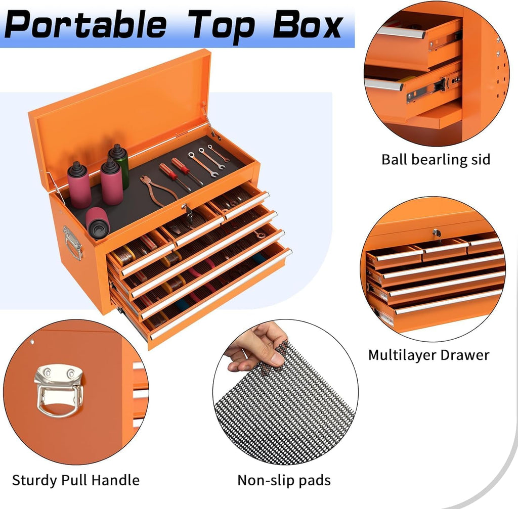8 Drawer Rolling Tool Chest, High Capacity Tool Box with Lockable Wheels and Drawers, 2 in 1 Portable Toolbox Organizer Storage Cabinet For Garage, Warehouse, Repair Shop, Orange