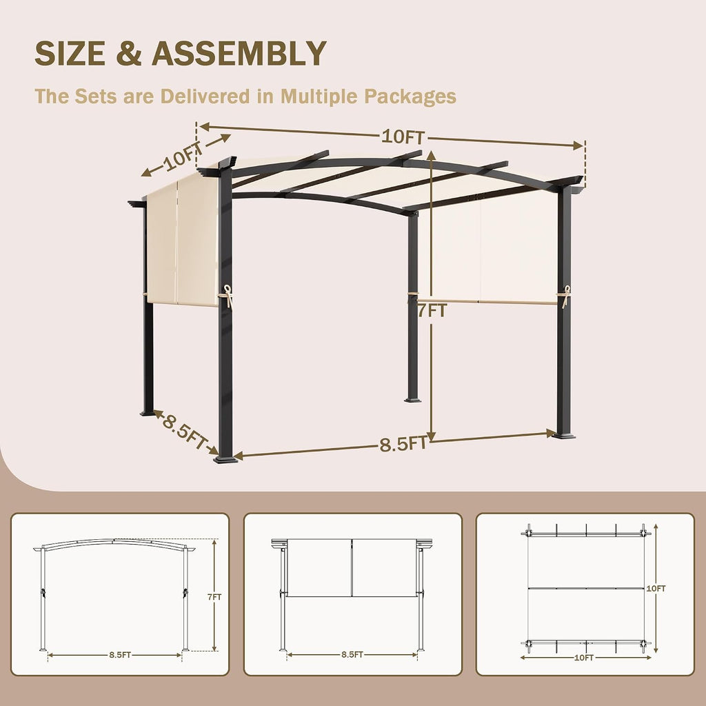 10' x 10' Arched Top Outdoor Pergola, Pergola Canopy with with Adjustable and Retractable Canopy for Patio Use, Metal Pergola with Durable and Sturdy Frame & Water-Resistant Canopy, Beige