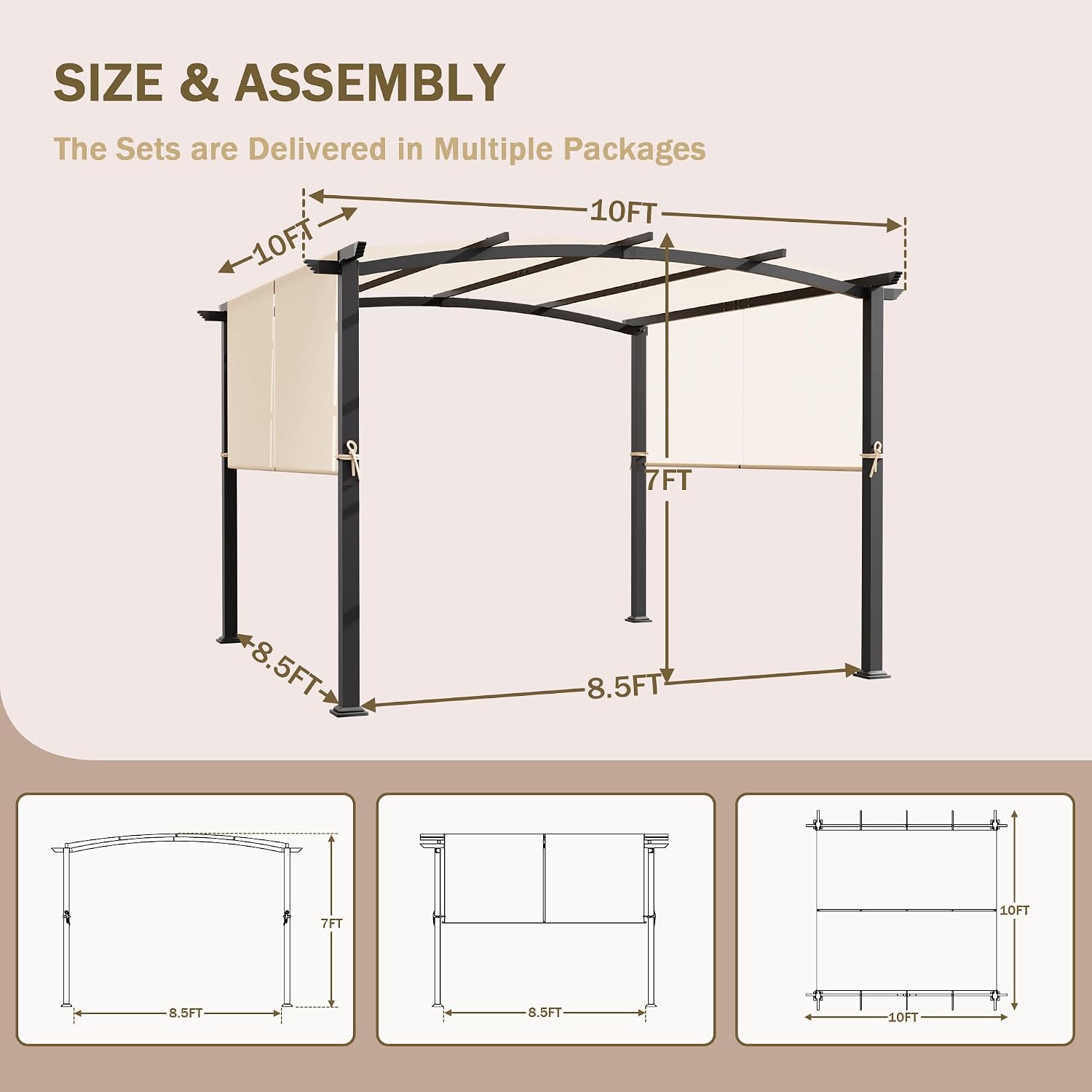 10' x 10' Arched Top Outdoor Pergola, Pergola Canopy with with Adjustable and Retractable Canopy for Patio Use, Metal Pergola with Durable and Sturdy Frame & Water-Resistant Canopy, Beige