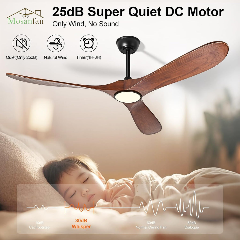52 Inch Ceiling Fans with Lights and Remote, Wood Outdoor Ceiling Fan with 6 Speed Noiseless DC Motor, Indoor Modern 3 Blade Propeller Ceiling Fan for Bedroom Living Room Gazebo Patio(Walnut)