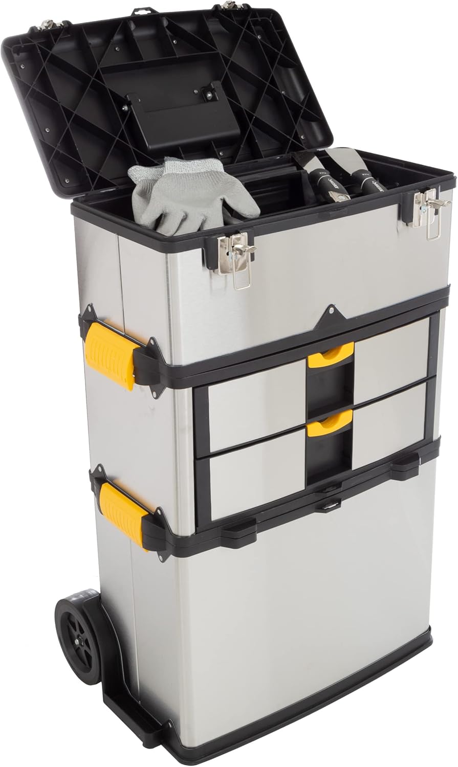 3-Part Portable Tool Box - Stainless-Steel Drawer Organizer with Wheels, Extendable Handle and Tough Latches - Rolling Tool Chest by Stalwart (Silver)