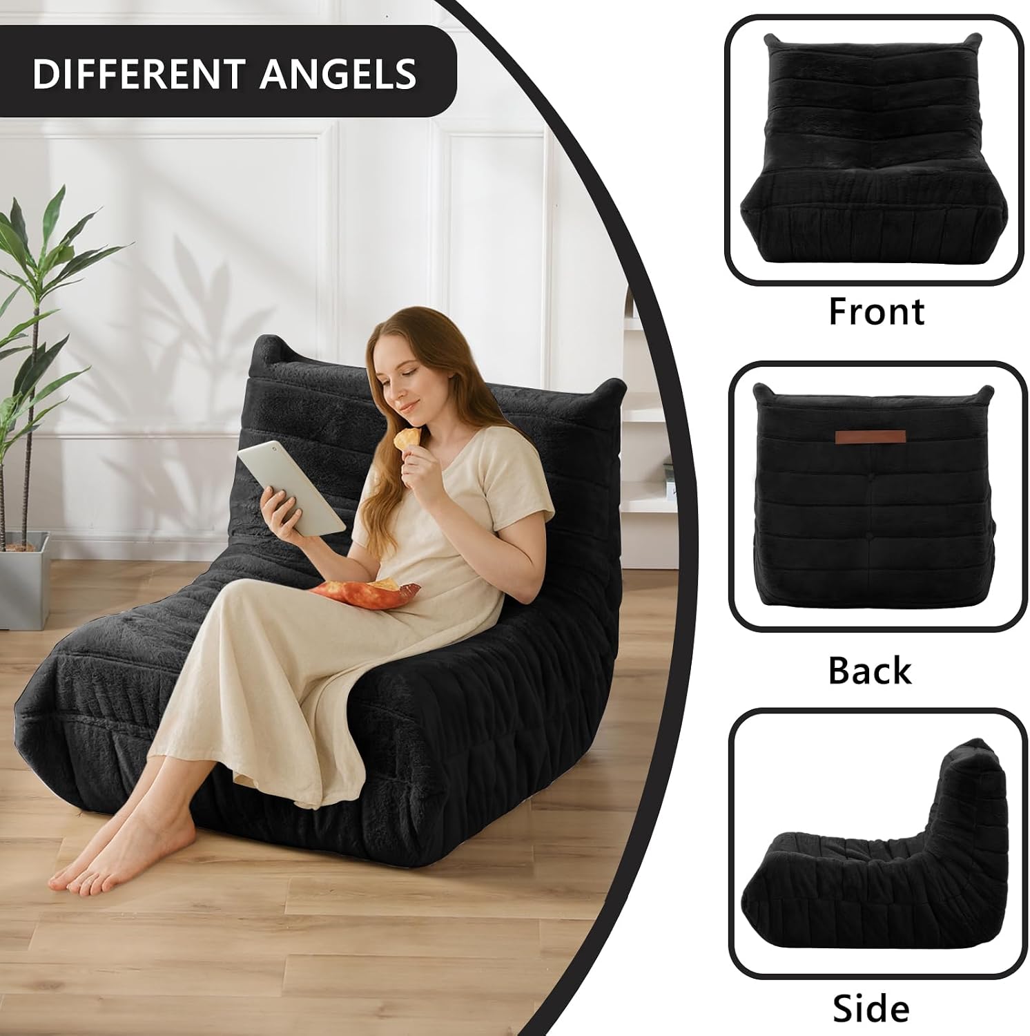 Bean Bag Chair for Adults, Giant Bean Bag Sofa Oversized Beanbag Chairs, Fireside Bean Bag Couch with High Density Sponge Filled Large Bean Bags Chair for Apartment Living Room Bedroom, Black