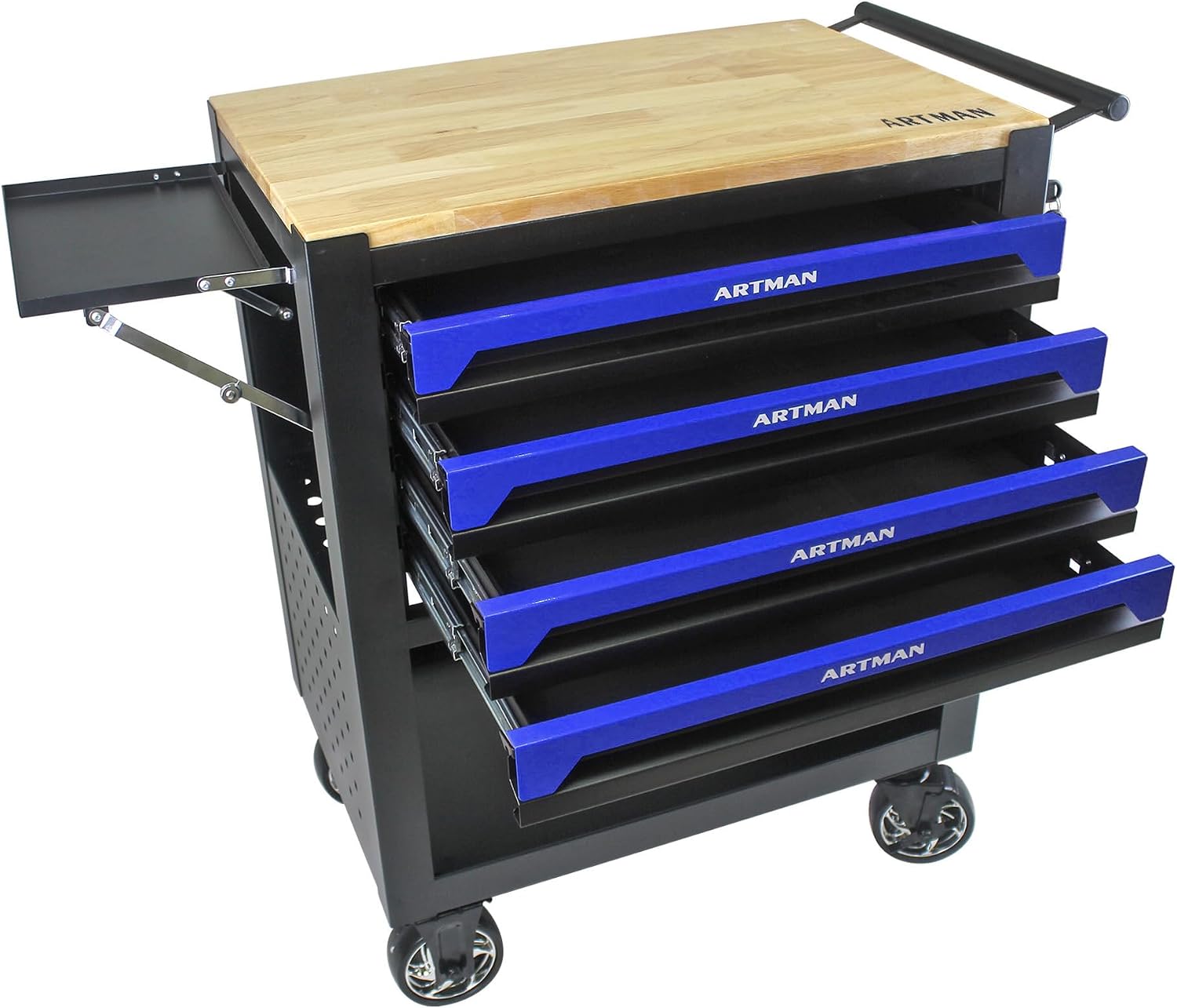 JOYBASE Rolling Tool Chest with 4 Drawers & Wood Top, Heavy Duty Steel Tool Cart on Wheels, Mobile Garage Organizer & Storage Cabinet for Workshop & Mechanic (Black & Blue)