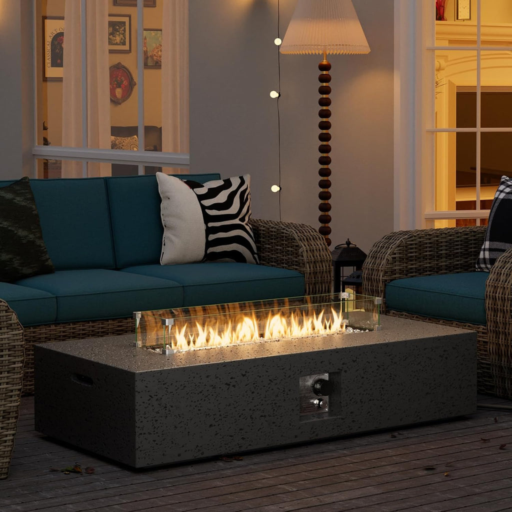 SUNBURY Outdoor Travertine Fire Pit Table, Propane Burning FirePit, 56x28 inch Square Patio Fire Table 50,000 BTU Fire Pit for Outside with Waterproof Cover and Glass Stones, Light Gray