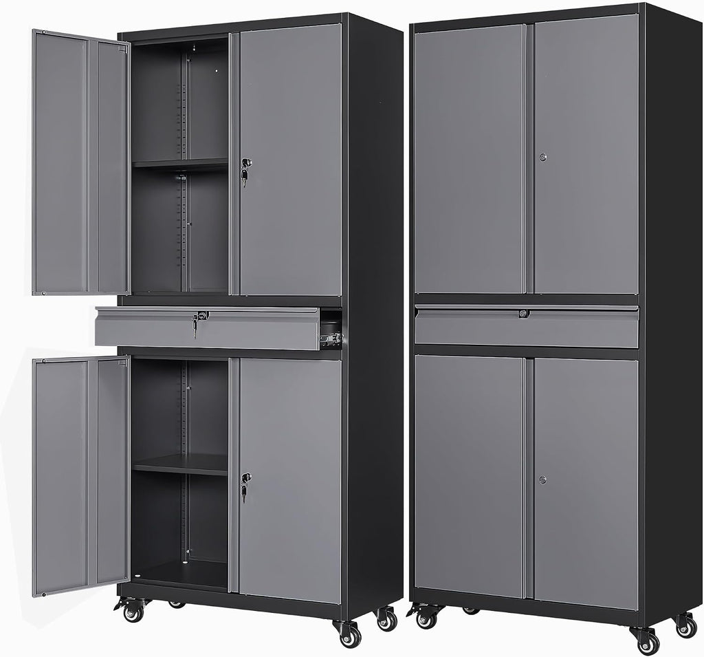 Letaya Metal Garage Storage Cabinet with Wheels,72' Rolling Tool Cabinet with 4 Door Lock-Adjustable Shelves and Drawer for Garage Home Office Utility Room (Black&Gray with Wheels)