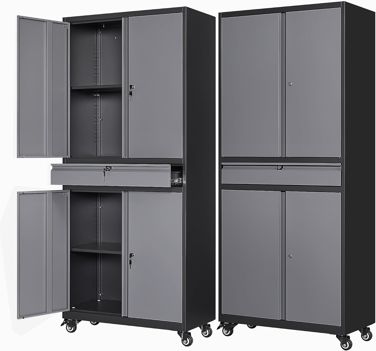 Letaya Metal Garage Storage Cabinet with Wheels,72' Rolling Tool Cabinet with 4 Door Lock-Adjustable Shelves and Drawer for Garage Home Office Utility Room (Black&Gray with Wheels)