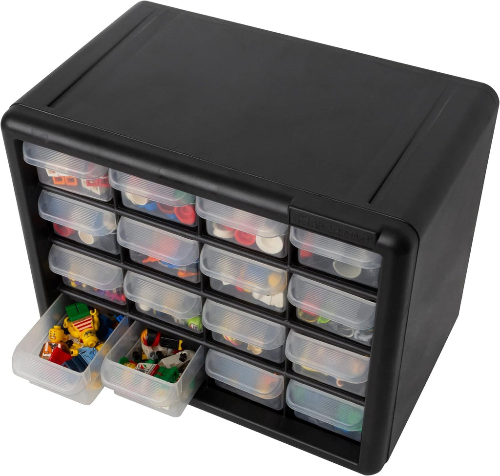 Akro-Mils 16-Drawer Plastic Cabinet for Garage Organization, Beads, Makeup Organizer, Building Bricks Storage, Teacher Toolbox, 10-1/2' W x 6-1/2' D x 8-1/2' H, 10716 Black (Pack of 4)