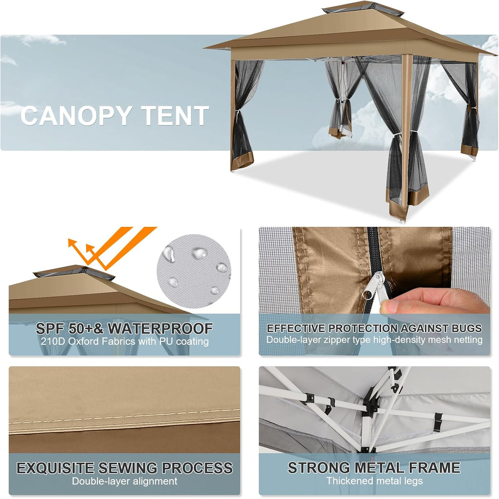 COBIZI 12x12 FT Pop up Gazebo on Clearance Canopy Tent, Carpas para Patio, Easy up Outdoor Canopy Tents with Portable Storage Bag for Backyard, Outdoor Waterproof Gazebos for Garden,Camping, Brown