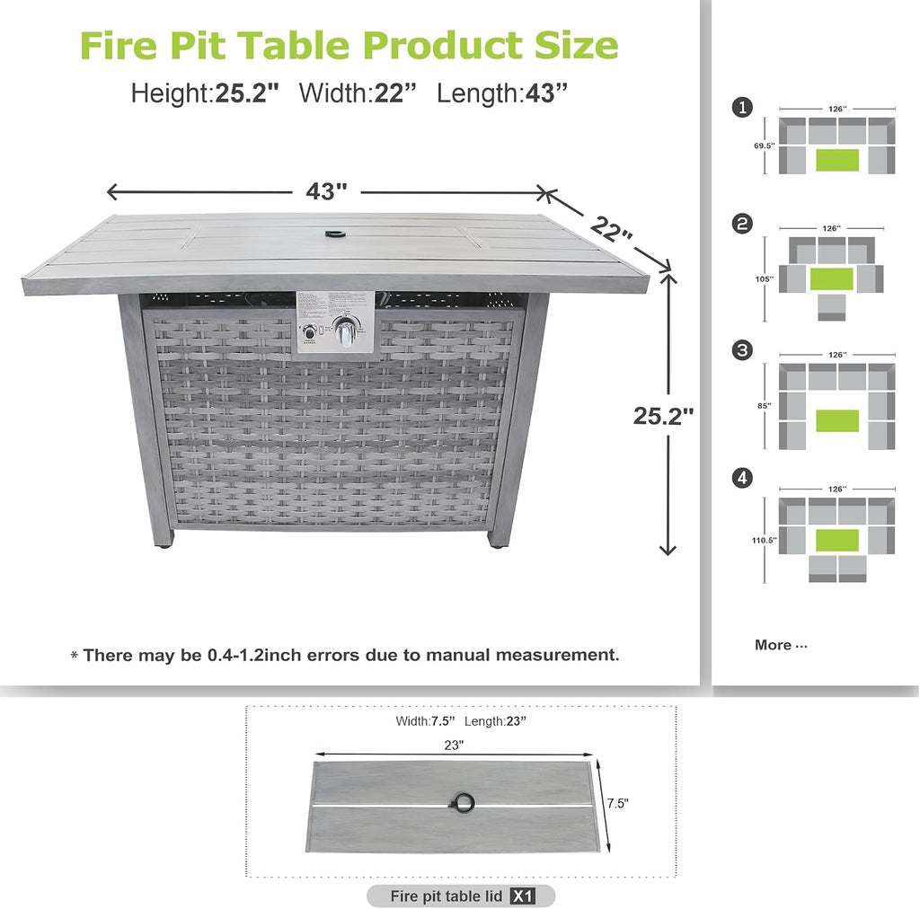 Dineli 43-Inch Rectangular Propane Fire Pit Firepits for Outside Patio Fire Pit Table, Gas Fire Pits with Adjustable Feet, Tabletop Fire Pits for Backyard Deck Balcony, 50,000 BTU, Light Gray