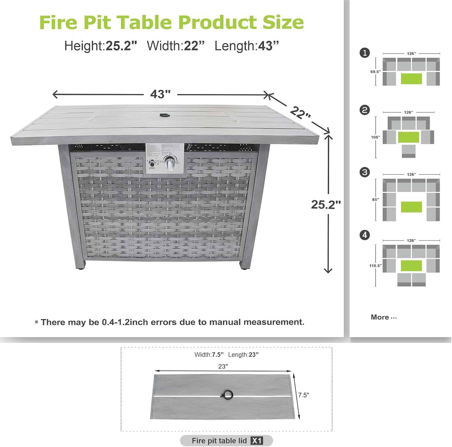 Dineli 43-Inch Rectangular Propane Fire Pit Firepits for Outside Patio Fire Pit Table, Gas Fire Pits with Adjustable Feet, Tabletop Fire Pits for Backyard Deck Balcony, 50,000 BTU, Light Gray