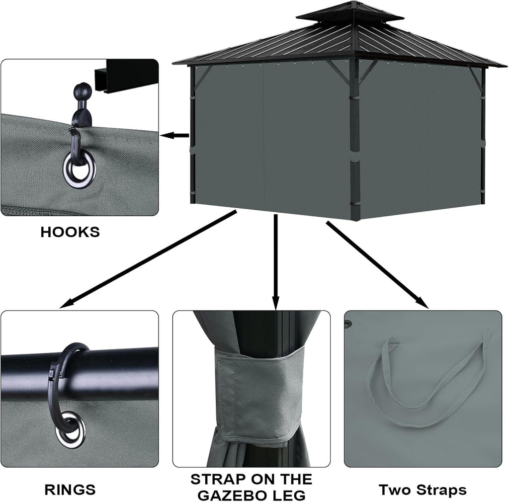Gazebo Universal Replacement Privacy Curtain, 10'X10' Gazebo Curtain Outdoor Waterproof, 4-Panels Sidewall Curtains with Zipper for Patio, Garden and Backyard (Only Curtains, 10'x10', Grey)