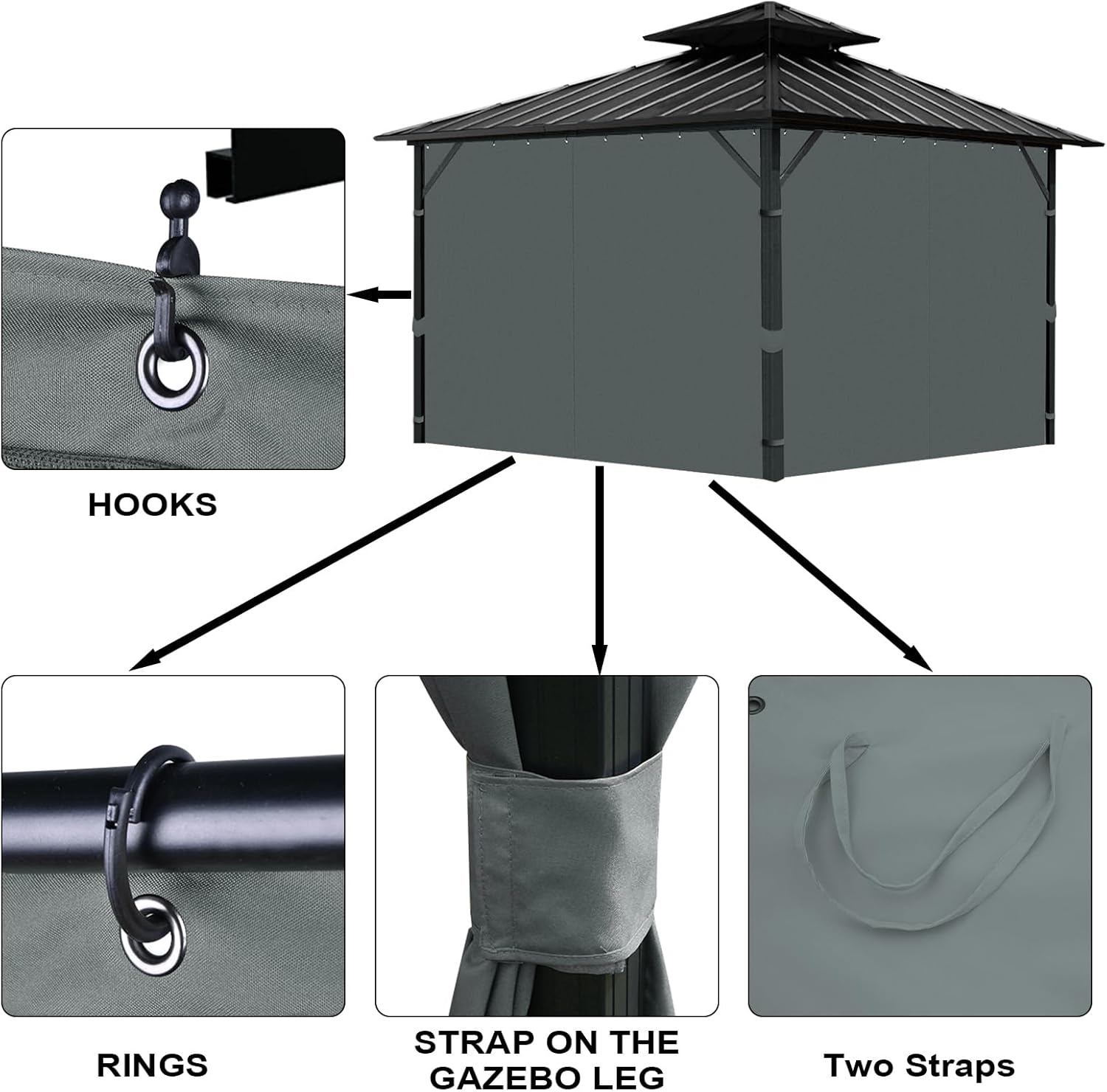 Gazebo Universal Replacement Privacy Curtain, 10'X10' Gazebo Curtain Outdoor Waterproof, 4-Panels Sidewall Curtains with Zipper for Patio, Garden and Backyard (Only Curtains, 10'x10', Grey)