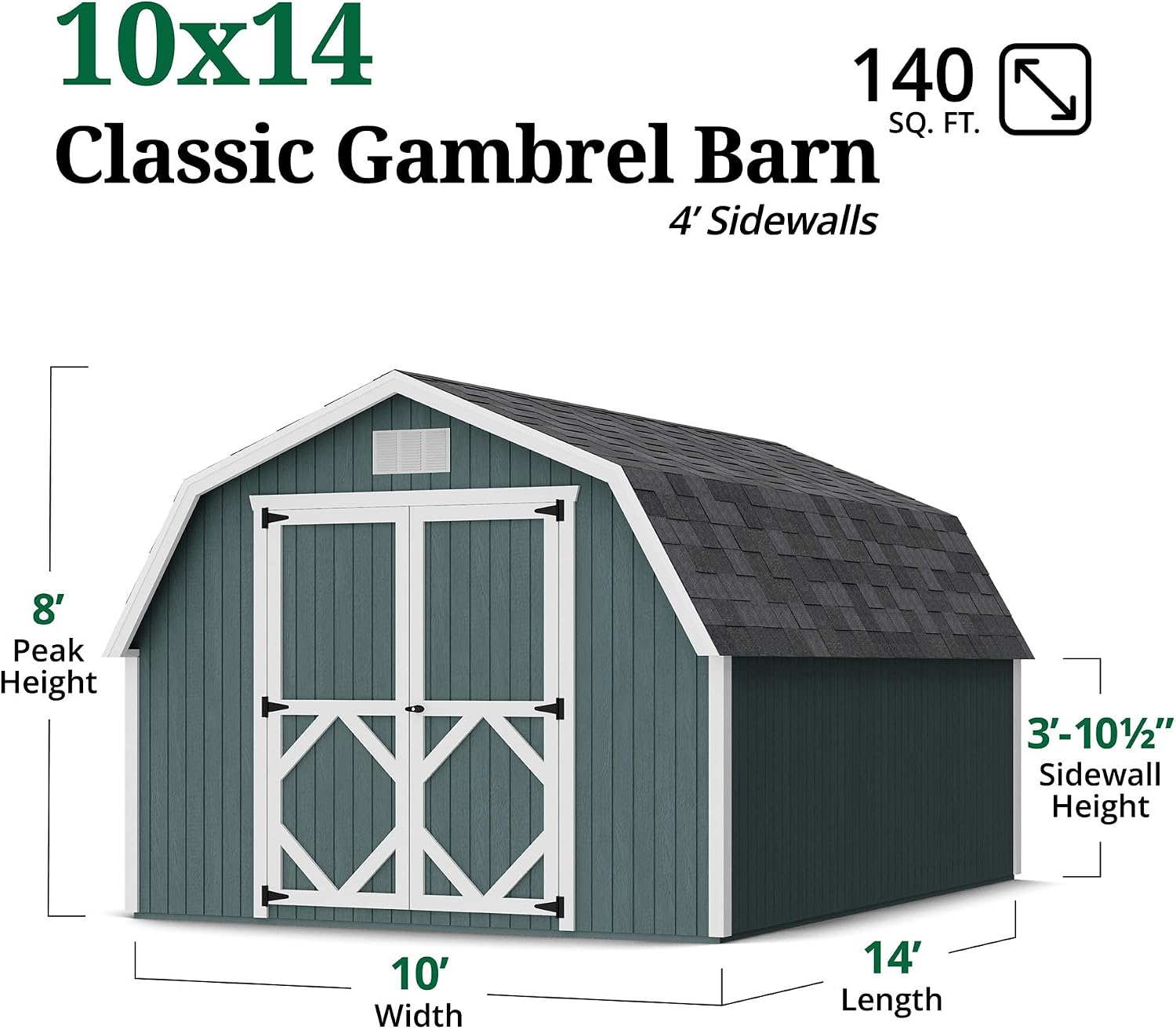 Little Cottage Co. 10x14 Classic Gambrel Barn with 4 ft. Sidewalls with Floor, Outdoor Wood Storage Shed Do-It-Yourself Precut Kit