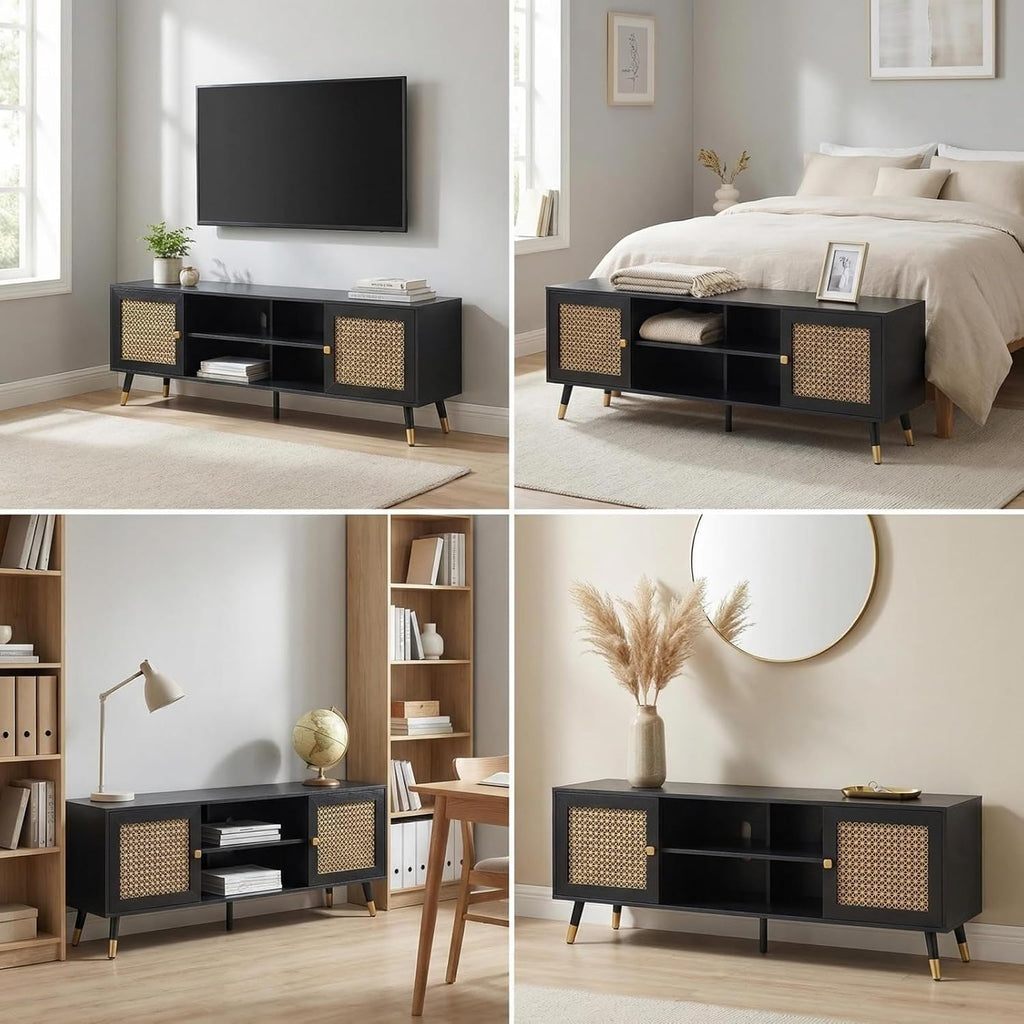 JYED DECOR Black TV Stand for 75 inch TVs, 66' Mid Century Modern Media Console, Long Entertainment Center with Storage Cabinet for Living Room