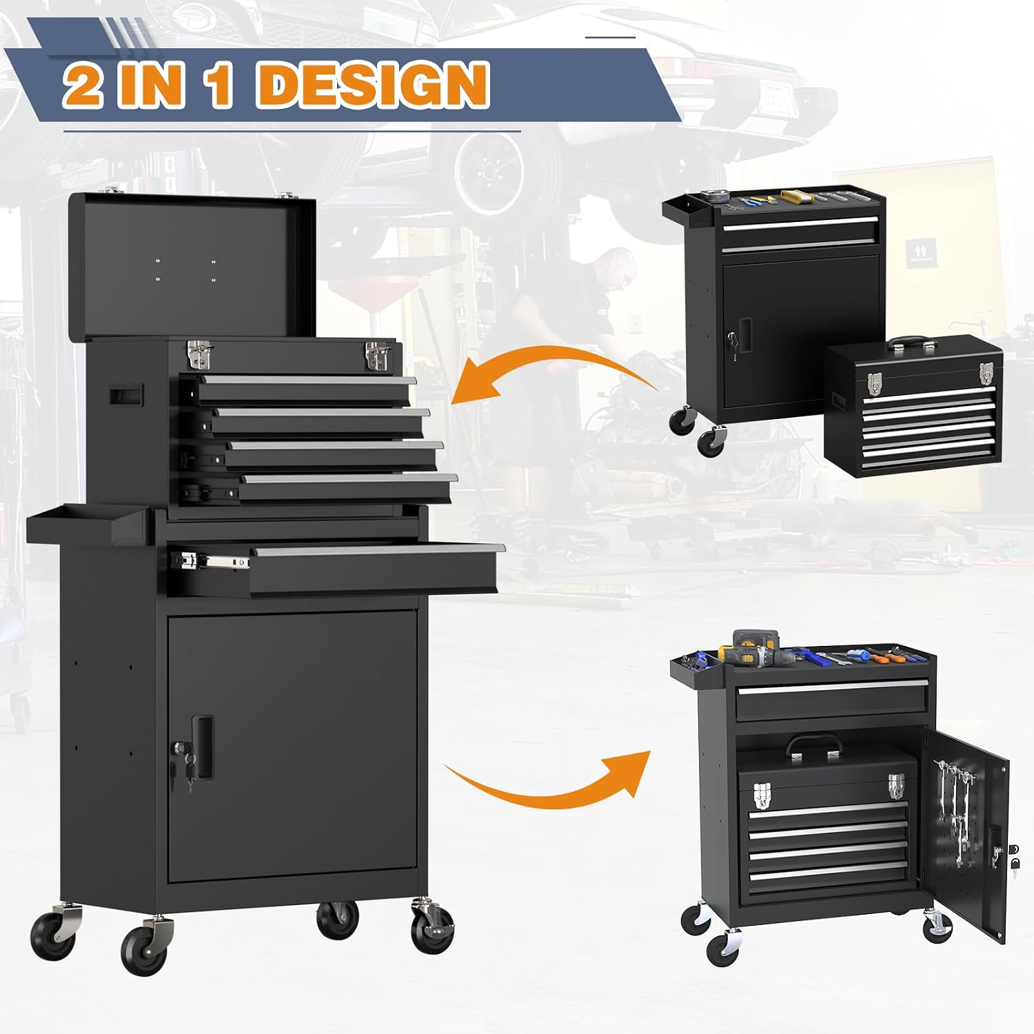 Tool Chest, 5-Drawer Rolling Tool Chest with Detachable Top Tool Box, Tool Box with Wheels, Tool Storage Cabinet for Garage, Warehouse, Workshop (Black)
