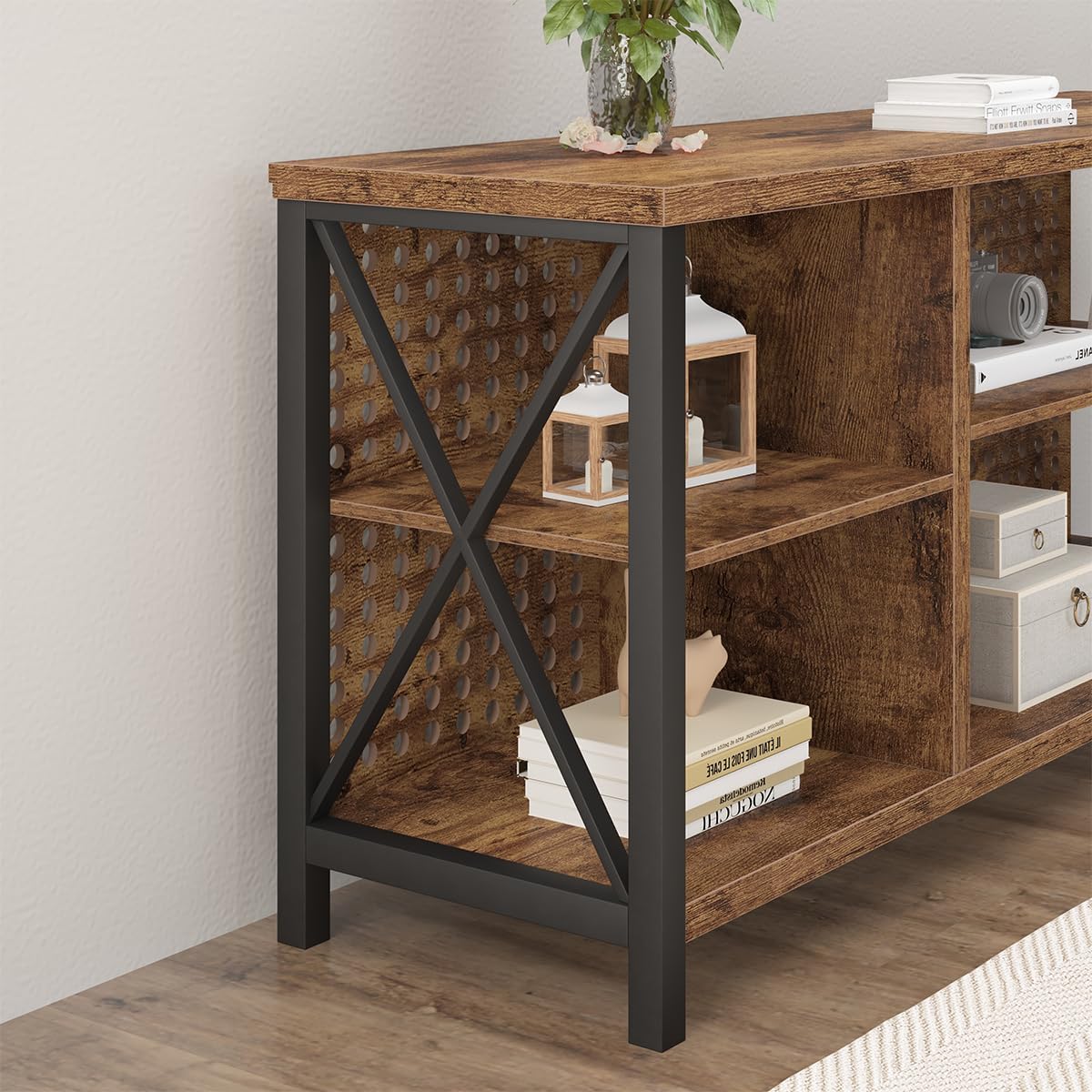 LVB TV Stand for 75 Inch TV, Industrial Wood and Metal Entertainment Center with Storage Shelf, Modern Television Media Console Table with Cabinet for Living Room Bedroom, Rustic Brown, 63in