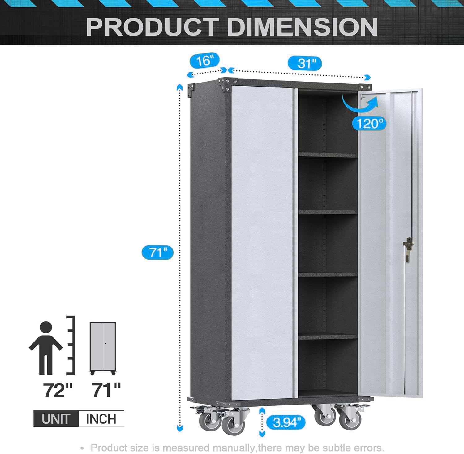 Rolling Garage Storage Cabinet with Locking Door and Shelves, 71''H Lockable Metal Storage Cabinet on Wheels, Steel Tool Cabinet for Warehouse, Basement, Utility Room, Black&Gray