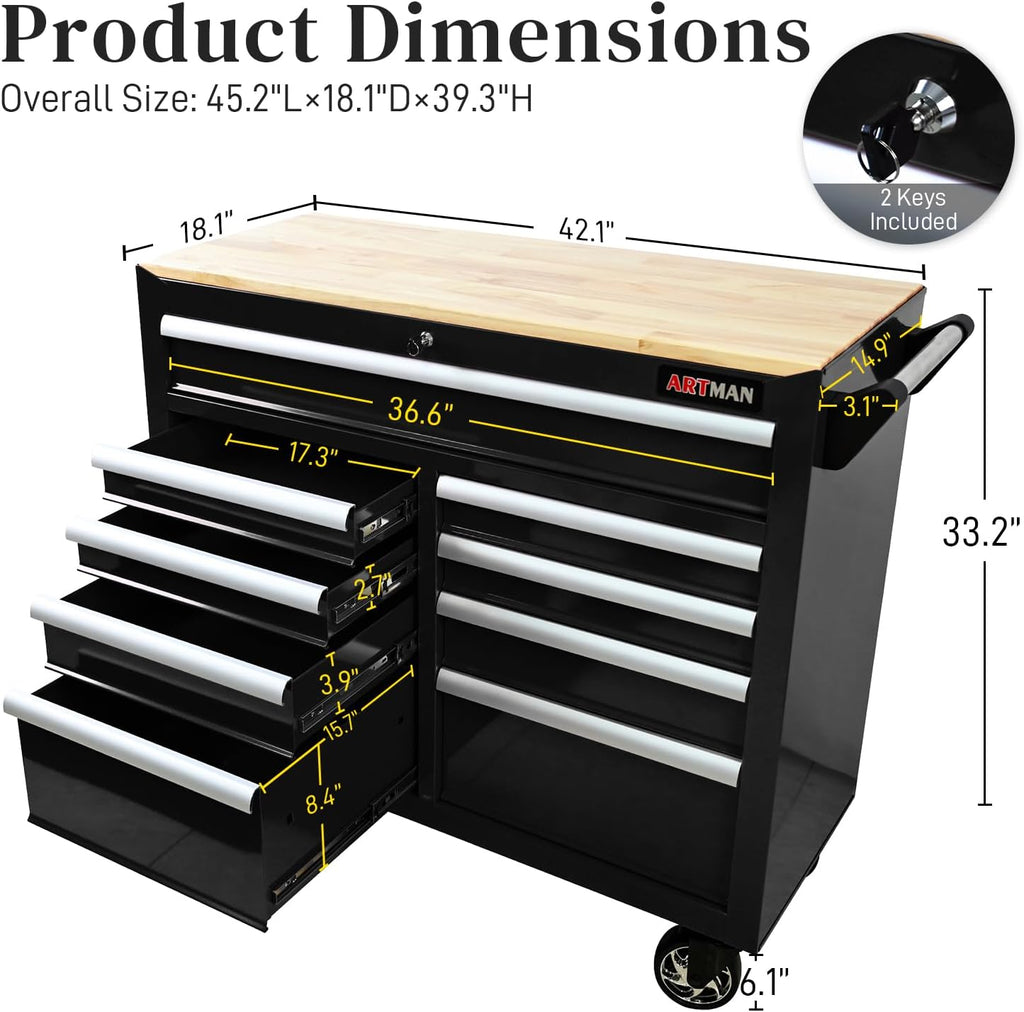 Heavy Duty Rolling Tool Chest with 9-Drawer Wood Top Tool Cart Mechanic Tool Box with Wheels Tool Storage Cabinet Mobile Workbench Tool Bench for Garage, Warehouse, Workshop, Repair Shop (Black)