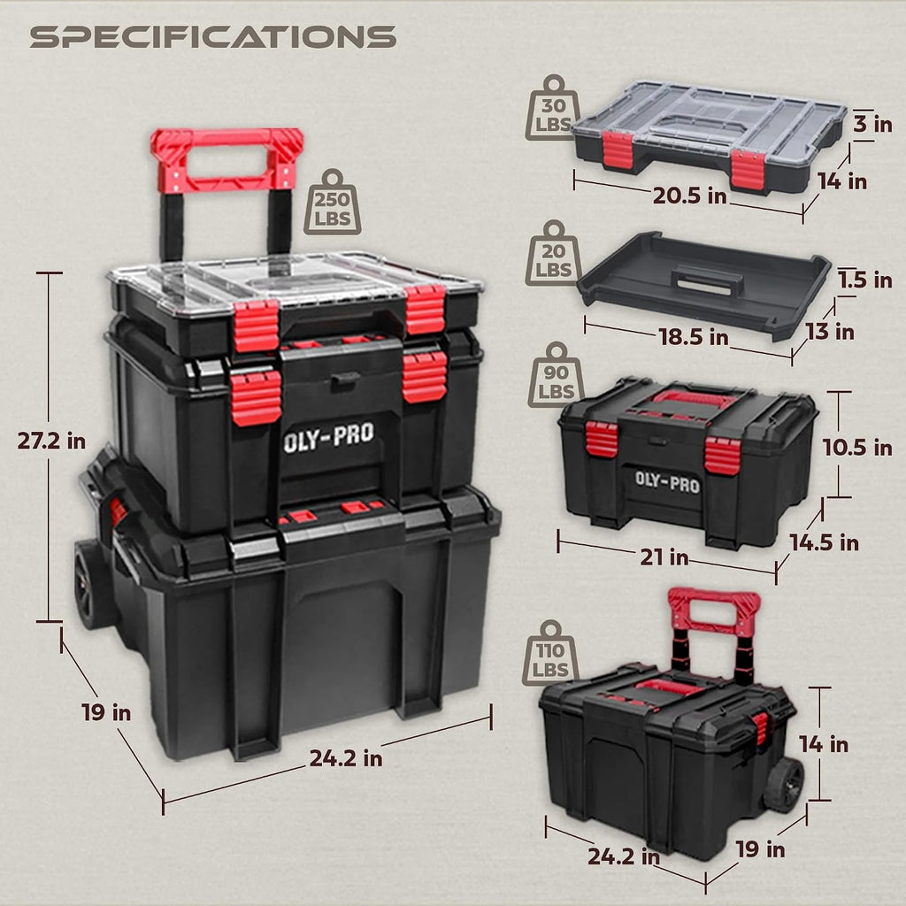 Modular Tool Box Storage System, Rolling Stackable Toolbox with Wheels, Heavy-Duty Plastic Organizer with Drawers for Garage or Truck, Black