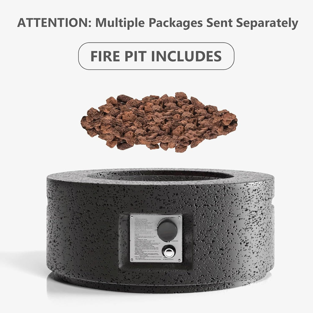 SUNBURY Outdoor Travertine Fire Pit Table, 28 inches Round Propane Gas Patio Fire Pit 40,000 BTU Concrete, Circular Base Small Firepit with Lava Rocks, Waterproof Cover (Grey)