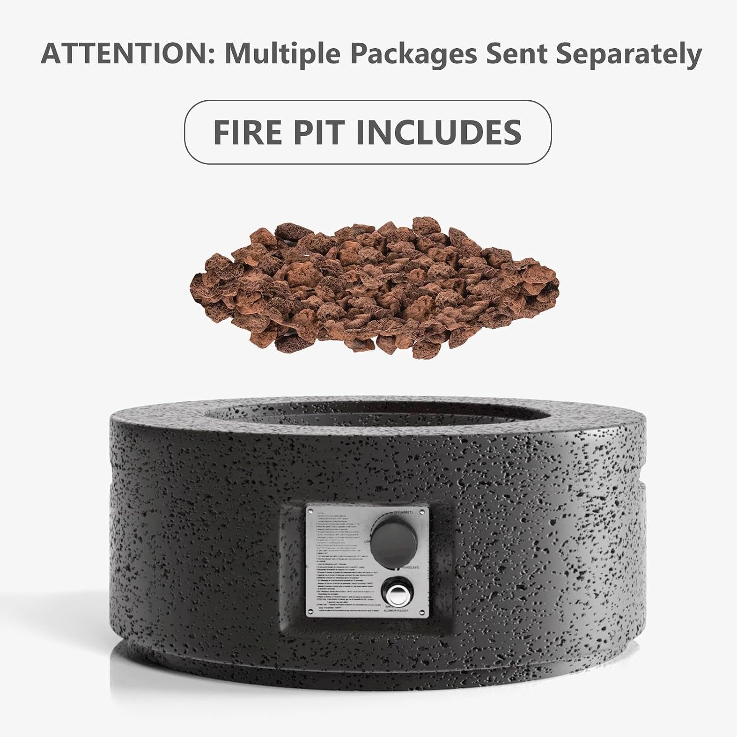 SUNBURY Outdoor Travertine Fire Pit Table, 28 inches Round Propane Gas Patio Fire Pit 40,000 BTU Concrete, Circular Base Small Firepit with Lava Rocks, Waterproof Cover (Grey)