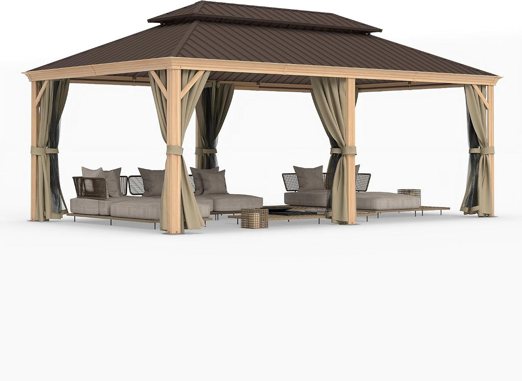HAPPATIO 12' x 20' Hardtop Gazebo, Outdoor Wood Grain Aluminum with Galvanized Steel, Patio Double Roof Permanent Metal Gazebo Canopy with Netting and Curtains for Backyard, Patio, Deck (Brown)