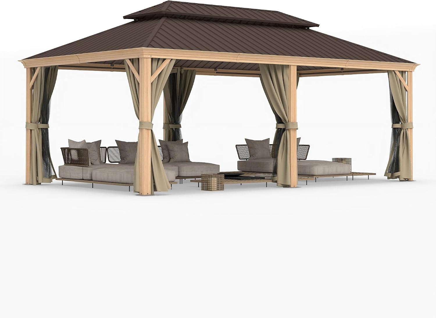 HAPPATIO 12' x 20' Hardtop Gazebo, Outdoor Wood Grain Aluminum with Galvanized Steel, Patio Double Roof Permanent Metal Gazebo Canopy with Netting and Curtains for Backyard, Patio, Deck (Brown)