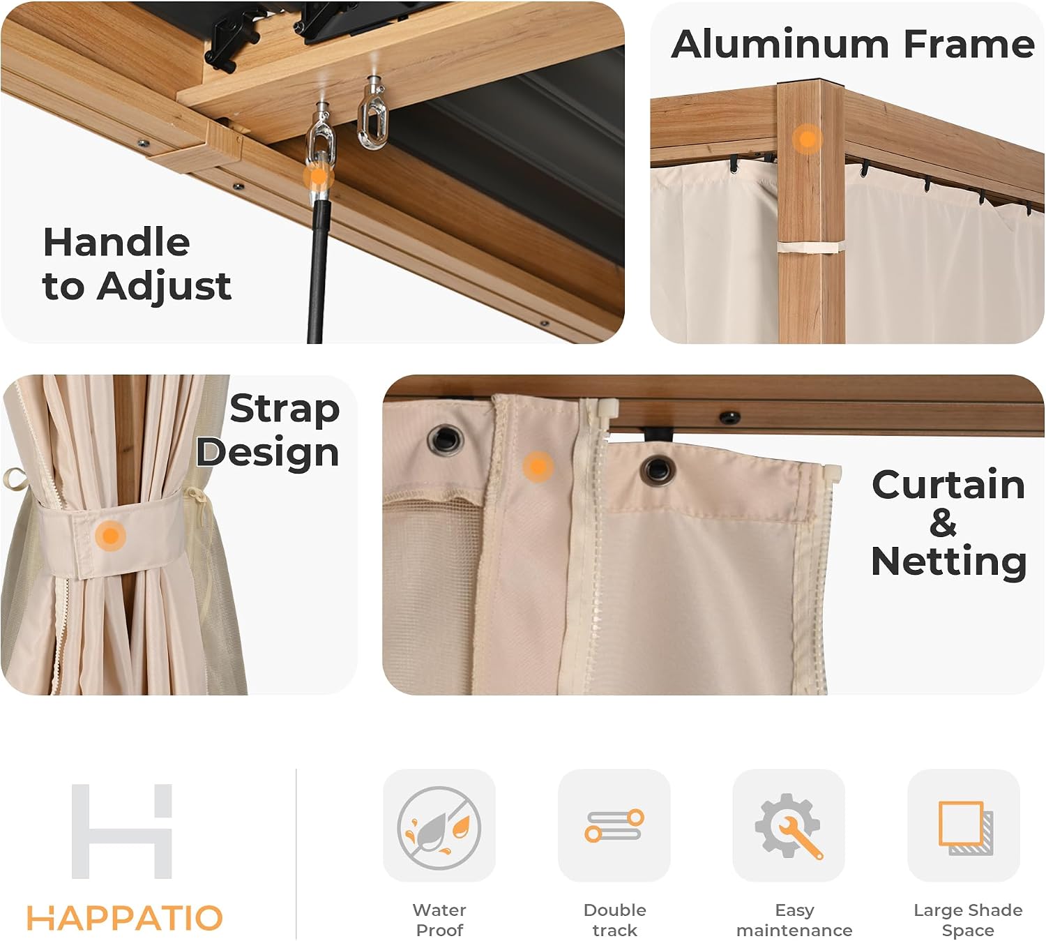 HAPPATIO Louvered Pergola 10' x13' Outdoor, Woodgrain-Look Aluminum Frame with Adjustable Rainproof Roof, Patio Pergola with Curtains and Mosquito Nets, Aluminum Frame for Patio, Backyard, Deck