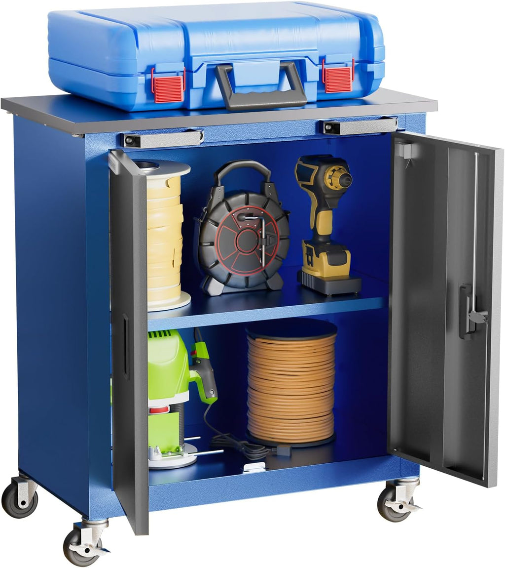 LARBANKE Tool Chest with Wheels and 4 Pad Feet,Tool Chest with 2 Doors and Adjustable Shelves,Lockable Steel Chest for Garage,Home and Office,can be Combined to Large Cabinet Set