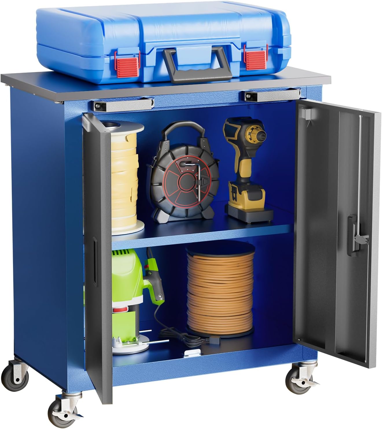 LARBANKE Tool Chest with Wheels and 4 Pad Feet,Tool Chest with 2 Doors and Adjustable Shelves,Lockable Steel Chest for Garage,Home and Office,can be Combined to Large Cabinet Set