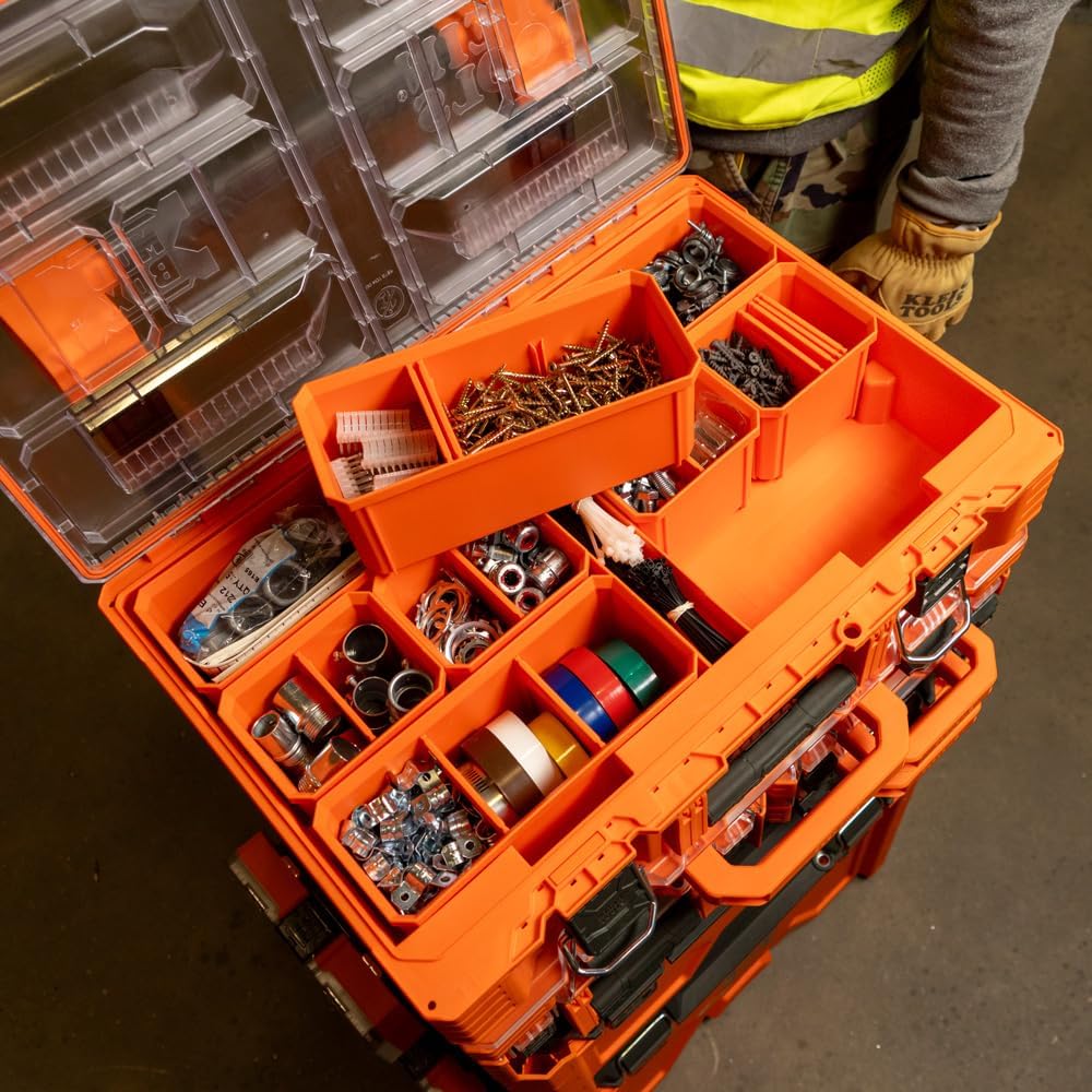 Klein Tools 54806MB MODbox Tall Compartment Box, Full-Width Tool Organizer, Small Parts Tool Box with 20 Compartments, 8 Removable Bins for Fasteners, Stackable Module