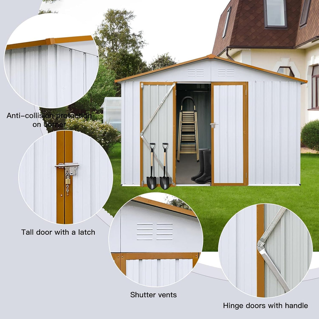 10x12 FT Outdoor Storage Shed, Metal Garden Shed with Lockable Hinged Doors, Large Storage Building with Sloped Roof & 4 Air Vents, Waterproof Outside Tool Shed for Backyard, Patio, Lawn, White+Yellow
