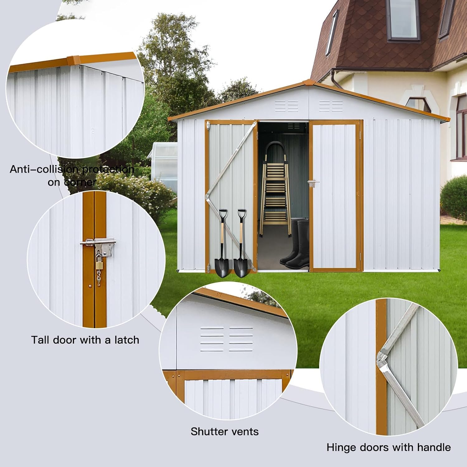 10x12 FT Outdoor Storage Shed, Metal Garden Shed with Lockable Hinged Doors, Large Storage Building with Sloped Roof & 4 Air Vents, Waterproof Outside Tool Shed for Backyard, Patio, Lawn, White+Yellow