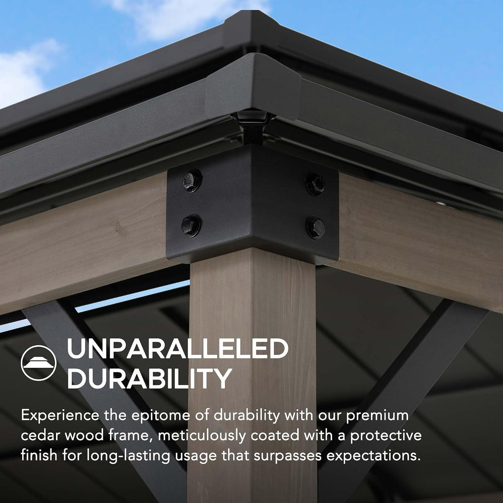 Sunjoy Wooden Grill Gazebo, 8 x 12 ft. Steel Hardtop Gazebo with Solar Power for Year-Round Grilling - 2 Full Size Grills, Griddles or Smokers - Outdoor Cooking Shelter for Backyard BBQs Party, Black