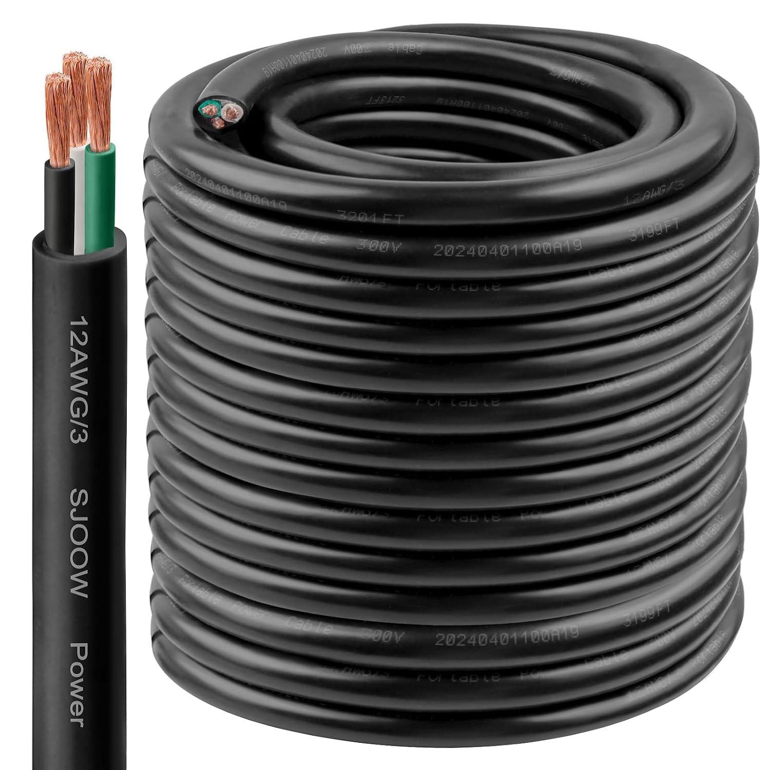 12/3 SJOOW Wire 200FT, 12 AWG 300V SJOOW Bulk Cable, 12 Gauge 3 Conductor Portable Cable for Welder,Generator,Portable Light,Circuits,EV Car Charger,Motor Lead