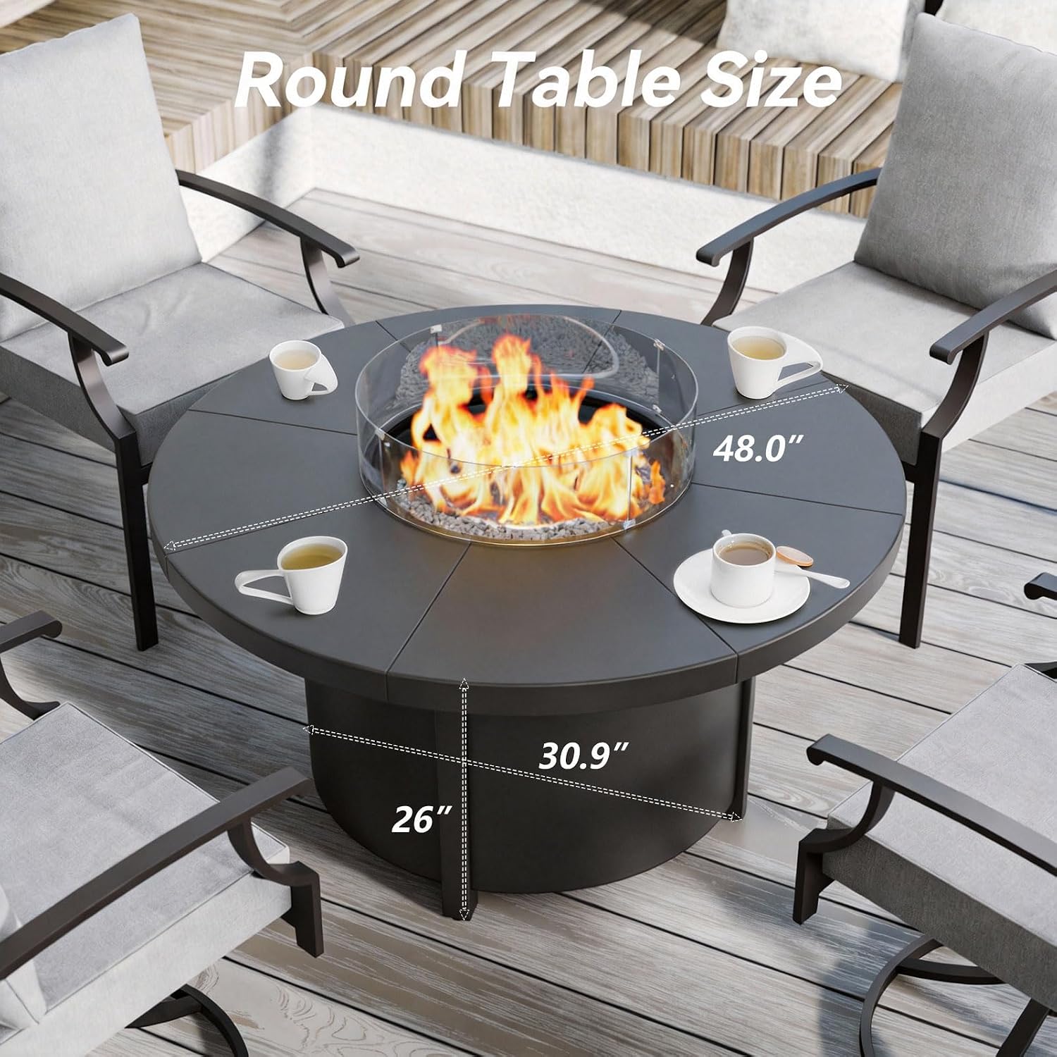 48' Round Propane Fire Pit,Steel Tabletop Fire Pit w Lava Rocks,55000 BTU Auto-Ignition CSA Certified Gas Fire Pits with Lid & Windproof Glass for Outdoor,Patio,Backyard