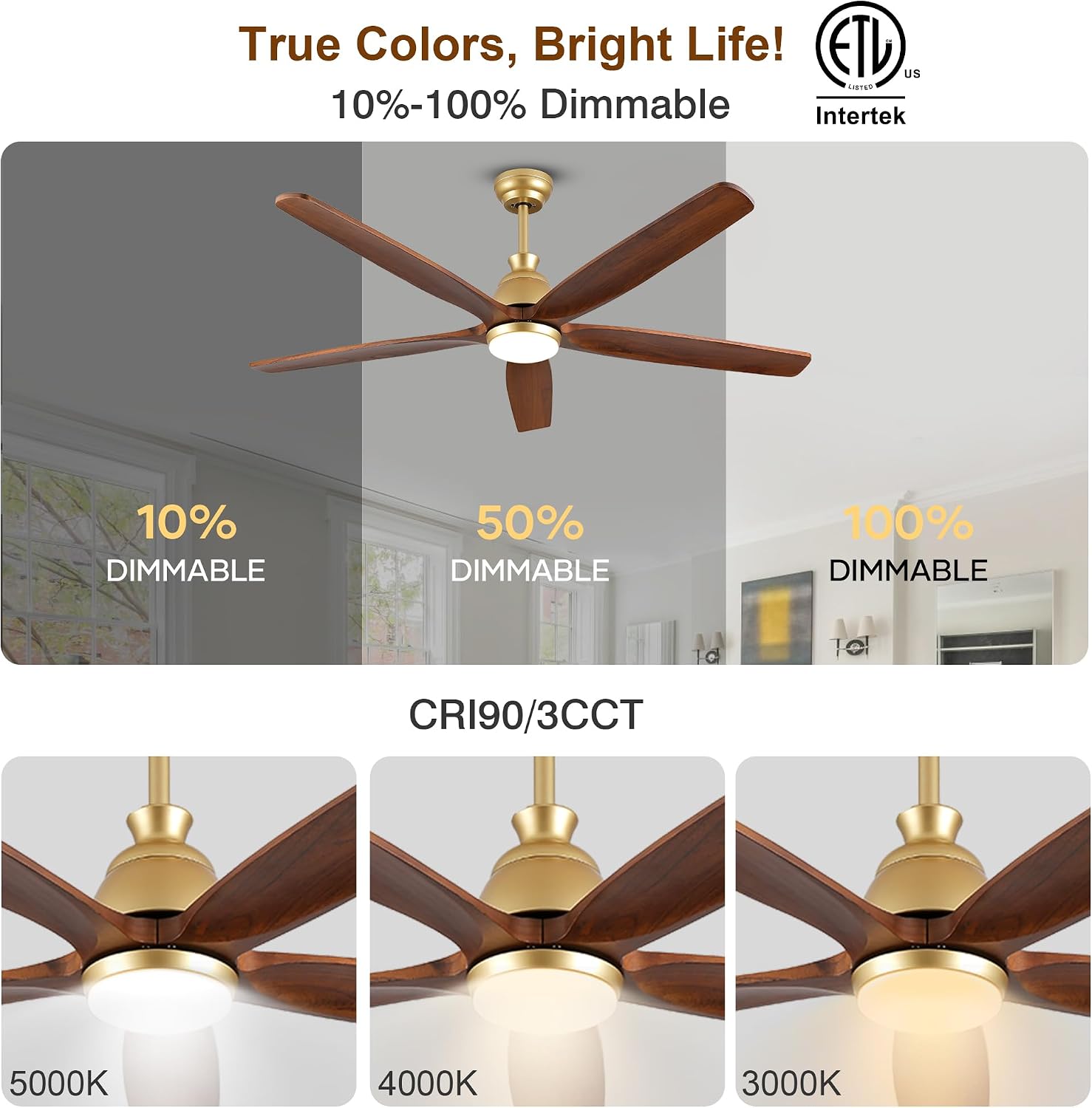 52 Inch Gold Ceiling Fan with Light and Remote Control, Modern Farmhouse 5 Blade Wood Ceiling Fan, Noiseless DC Motor, Indoor Outdoor Fan with Light for Patios Bedroom Porch