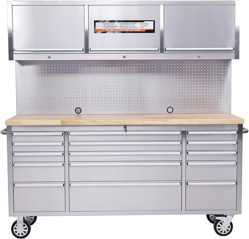 IDEALHOUSE 72 inch Rolling Tool Chest, Garage Workbench with 15 Drawers, Solid Rubber Wood Top & with Wheels Lock Key Locking, Mobile Workstation Tool Cabinet for Workshop Storage