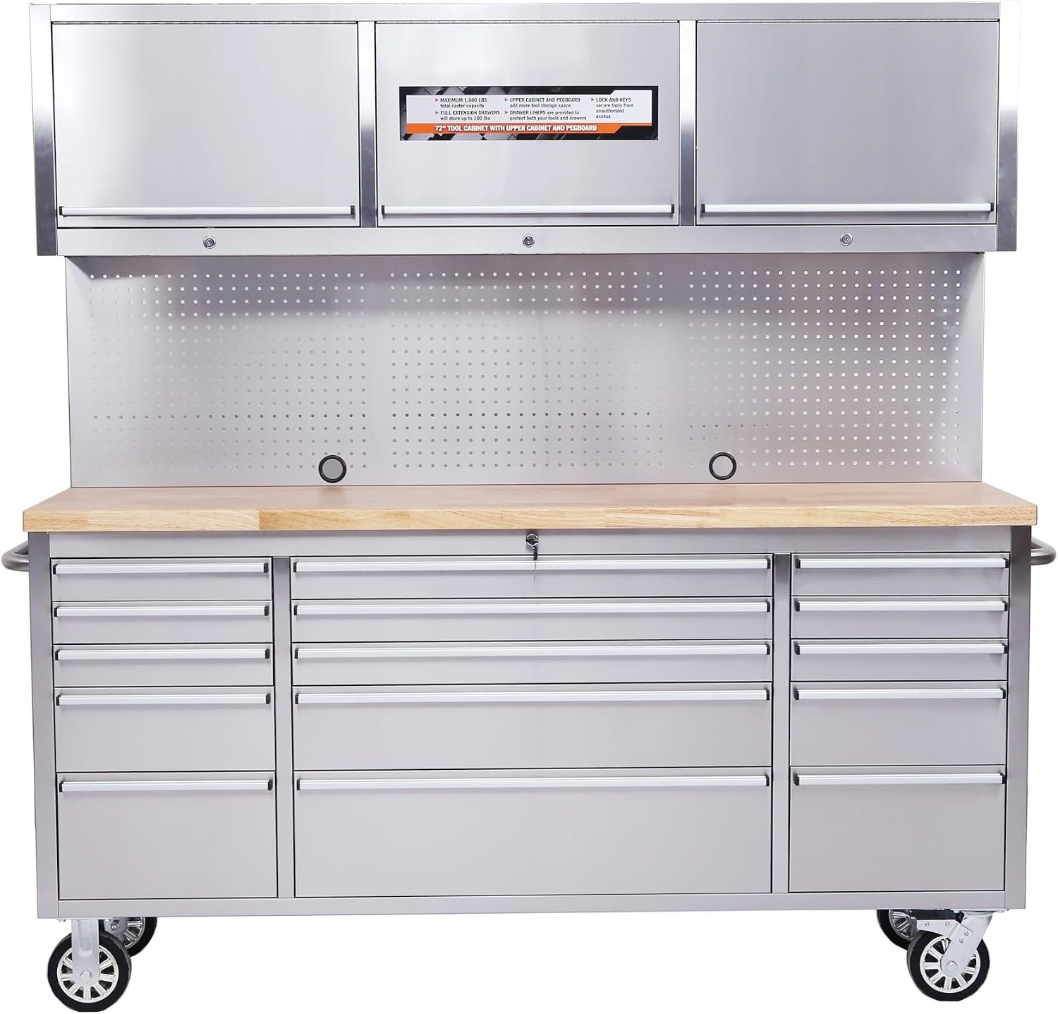 IDEALHOUSE 72 inch Rolling Tool Chest, Garage Workbench with 15 Drawers, Solid Rubber Wood Top & with Wheels Lock Key Locking, Mobile Workstation Tool Cabinet for Workshop Storage