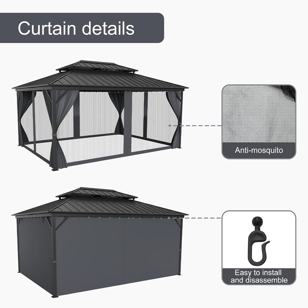 12x16FT Gazebo Hardtop Double Roof Canopy with Netting and Curtains,Outdoor Gazebo 2-Tier Hardtop Galvanized Iron Aluminum Frame for Patio, Backyard, Deck, and Lawns