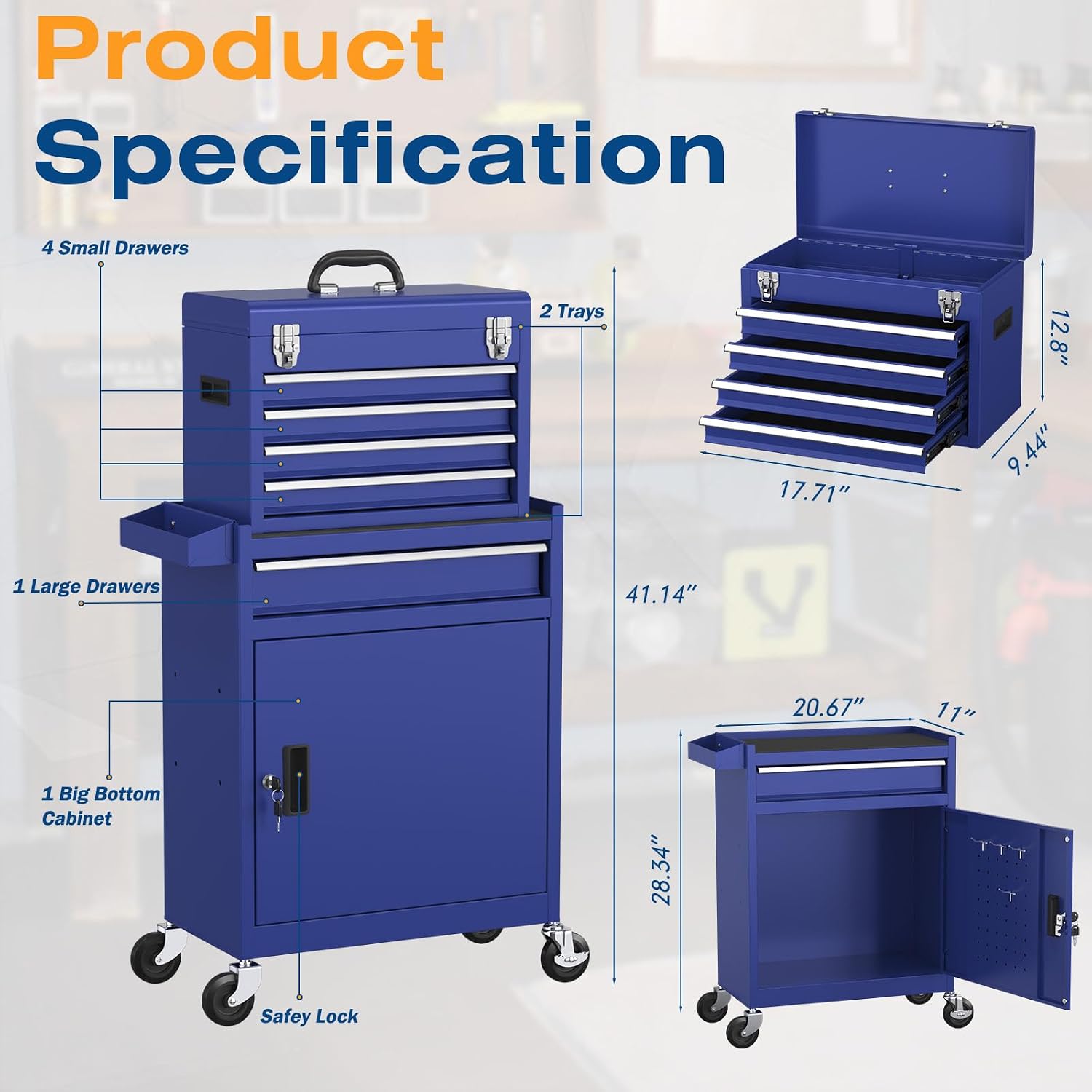 5-Drawers Tool Chest, 2-in-1 Rolling Tool Box with Wheels and Drawers, Detachable Storage Toolbox with Lock, Heavy-Duty Metal Tool Cart for Garage, Workshop (Blue)