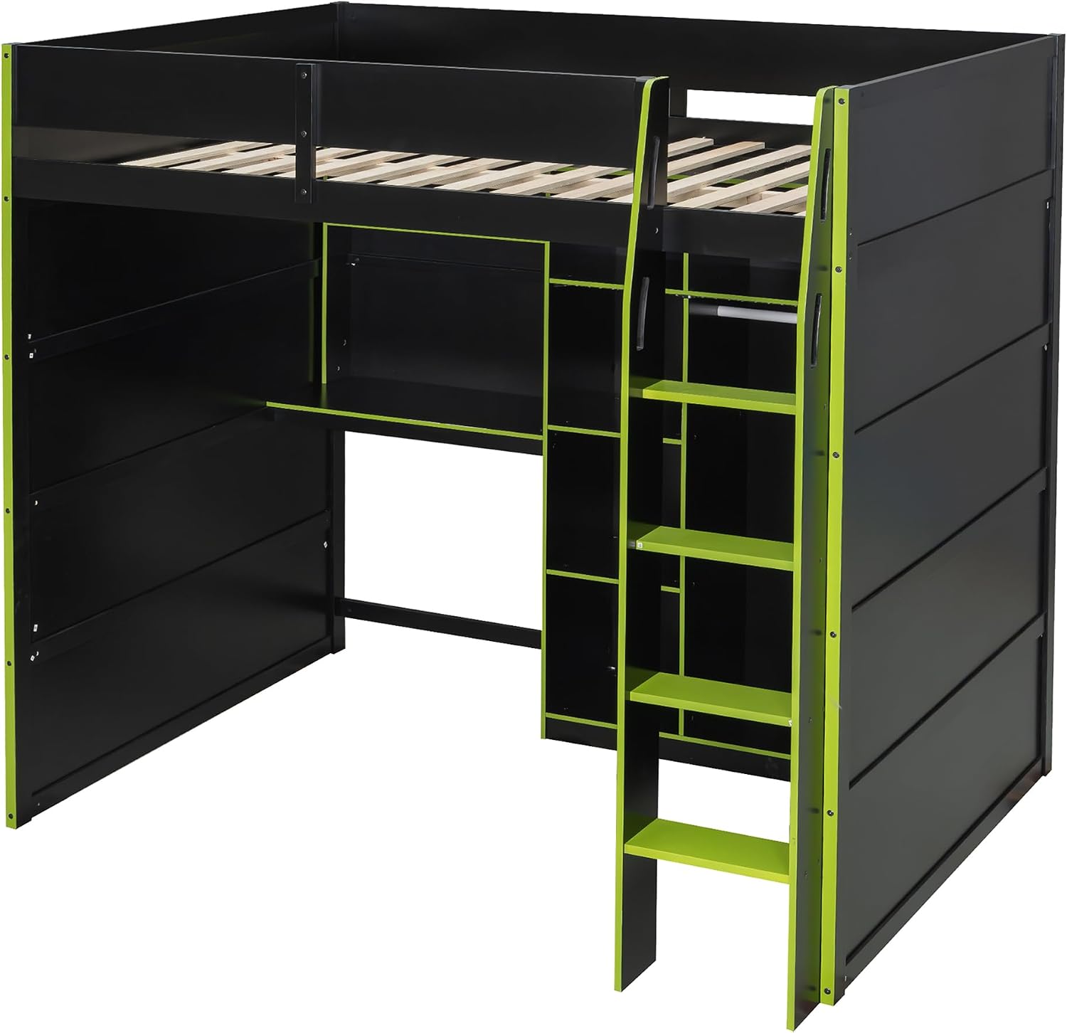 SOFTSEA Full Size Gaming Loft Bed with Desk, Bookshelves, Open Wardrobe & LED Lights for Bedroom, No Box Spring Needed, Green