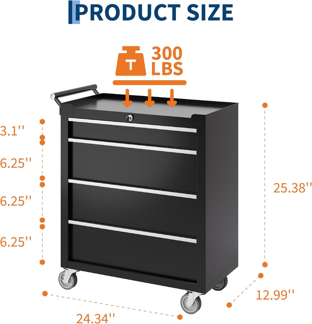 GarveeTech 24' 4-Drawer Tool Chest, Rolling Tool Cabinet with Wheels and Lock System, Portable Storage Rolling Tool Chest for Warehouse, Workshop & Repair Shop, Black