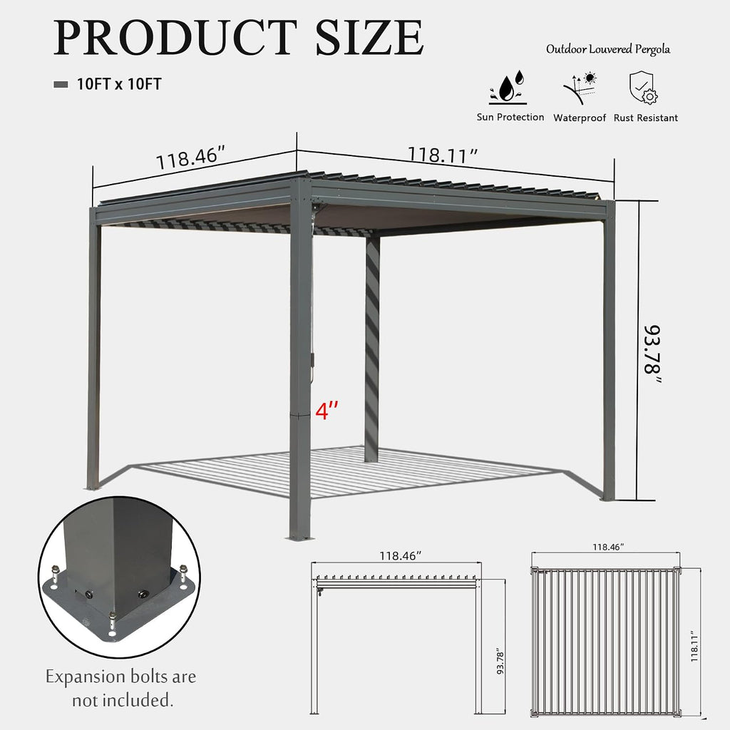 Domi Outdoor Louvered Pergola 10x10FT with Adjustable Steel Roof, Outdoor Aluminum Frame Rainproof Pergola for Backyard, Garden and Lawn,Gray