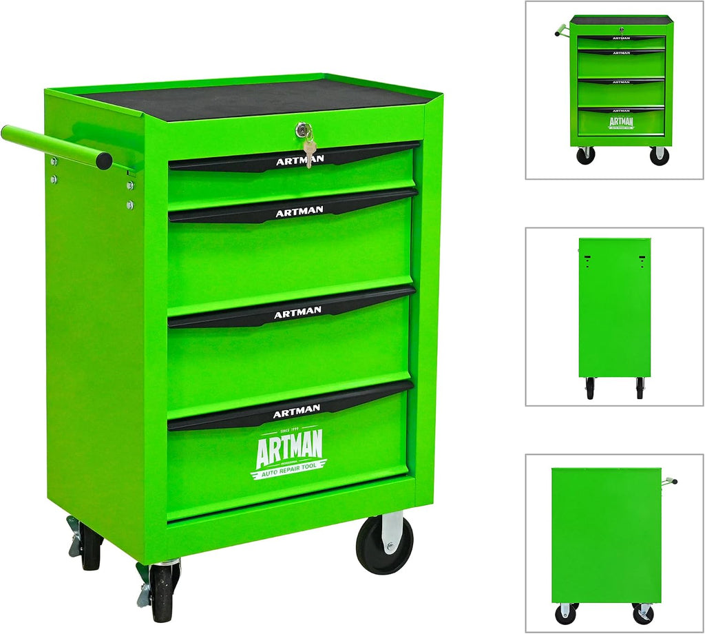 4 Drawers Tool Cart on Wheels, Multifunctional Rolling Tool Chest, Drawers Mobile Trolley Organizer Heavy Duty Tools Box with Locking Wheels & Ball Bearing Drawers (Green, 4 Drawers)