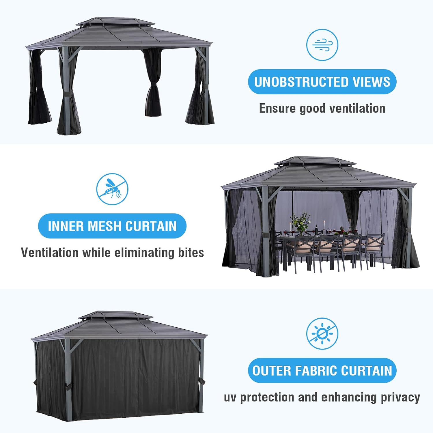 LeDoasis Nova 10' X 13' Hardtop Gazebo, Aluminum Frame Canopy, Double Galvanized Steel Outdoor Gazebo with Netting and Curtains, for Garden,Patio,Lawns,Parties