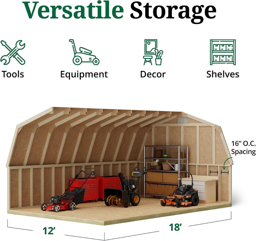 Little Cottage Co. 12x18 Classic Gambrel Barn with 4 ft. Sidewalls with Floor, Outdoor Wood Storage Shed Do-It-Yourself Precut Kit
